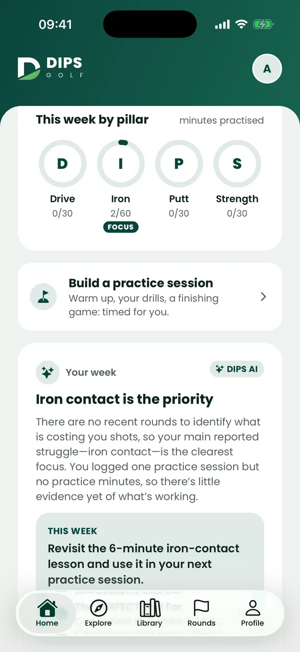 DIPS Golf pillar progress rings and weekly AI focus